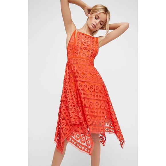 Free People Just Like Honey Orange Coral Lace Handkerchief Asymmetrical Dress - Picture 1 of 15